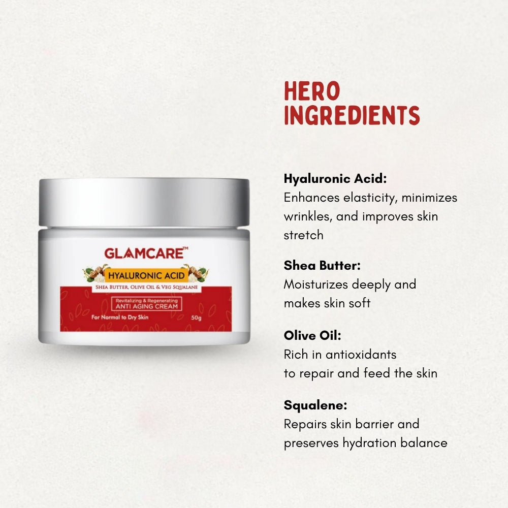 Anti Aging Cream with Hyaluronic Acid, Squalane, Olive Oil & Shea Butter - 50 g