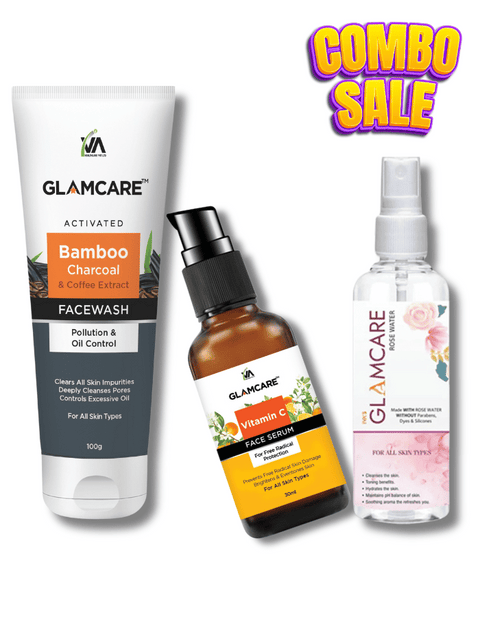 Glamcare Vit c serum + Glamcare charcoal face wash + rose water