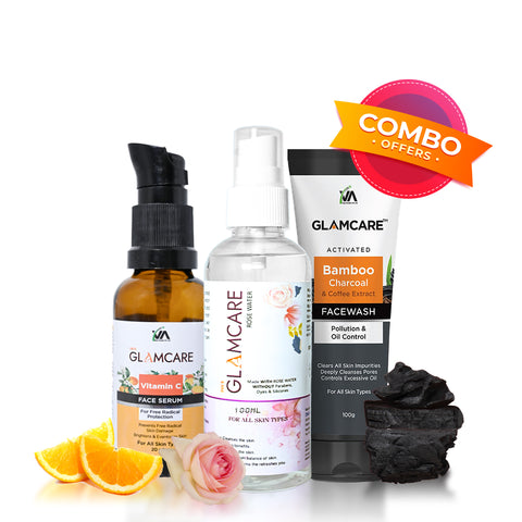 Glamcare Vit c serum + Glamcare charcoal face wash + rose water