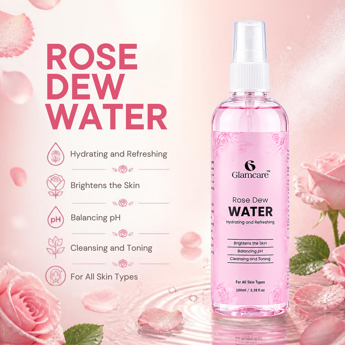 Glamcare Rose Dew Water Spray (100ml) Pack of 3