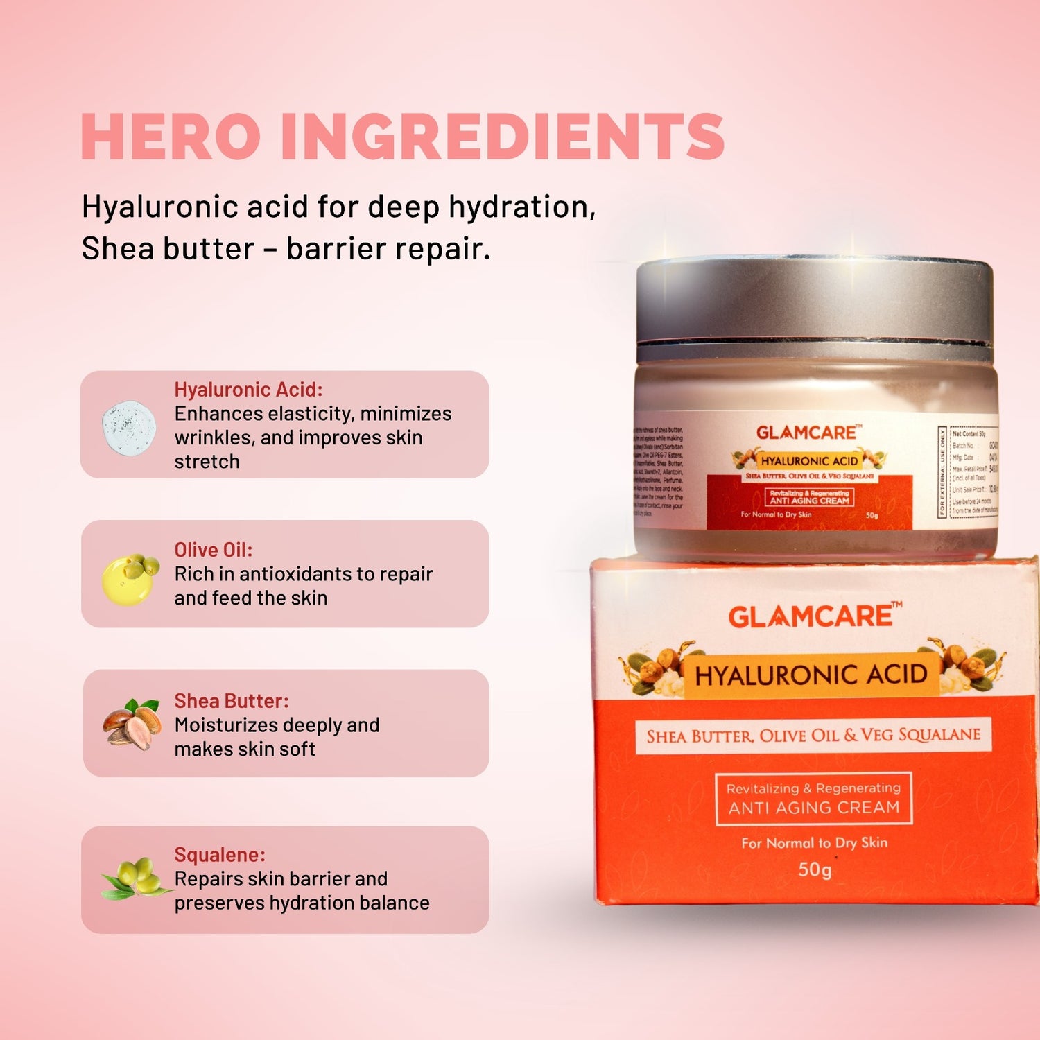 Anti Aging Cream with Hyaluronic Acid, Squalane, Olive Oil & Shea Butter - 50 g