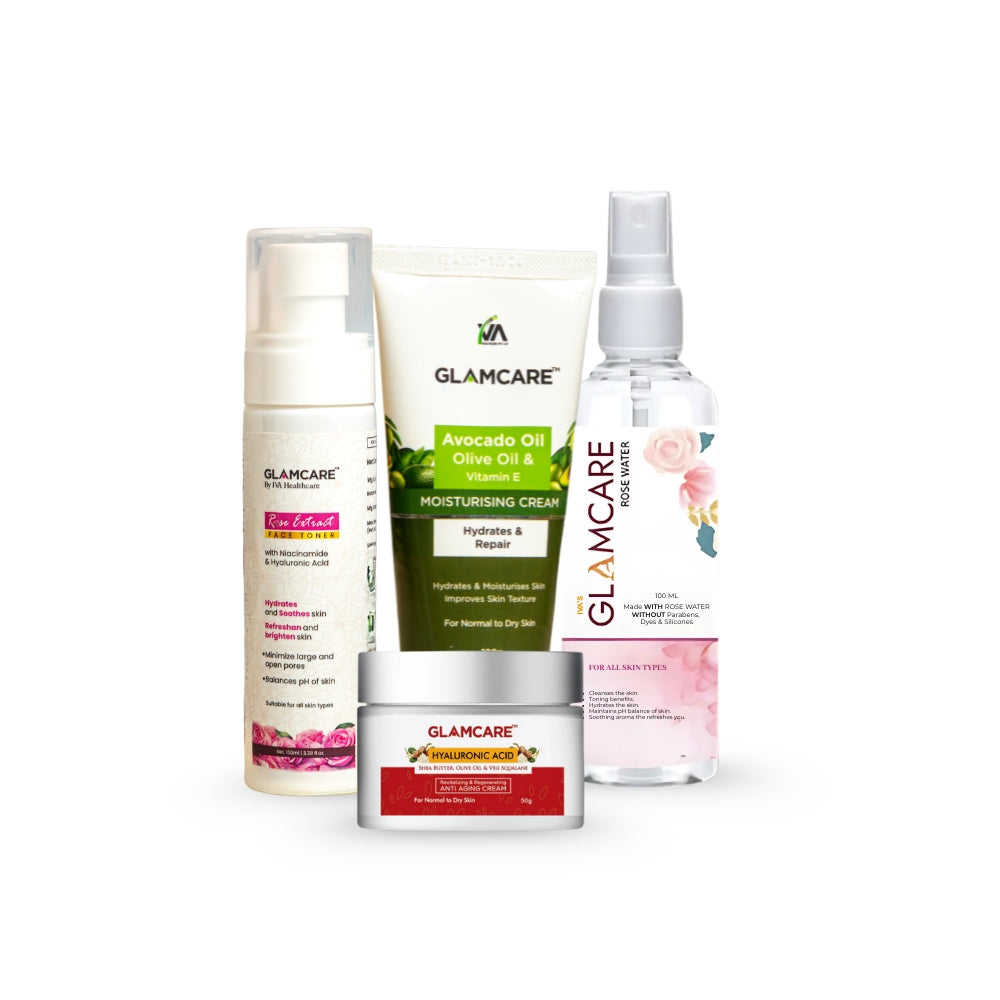 Glamcare Hydrating Skincare Set | Anti- Aging cream | Rose Extract Toner | Moisturizer | Rose Water  (4 Items in the set)
