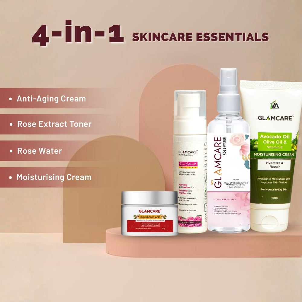Glamcare Hydrating Skincare Set | Anti- Aging cream | Rose Extract Toner | Moisturizer | Rose Water  (4 Items in the set)